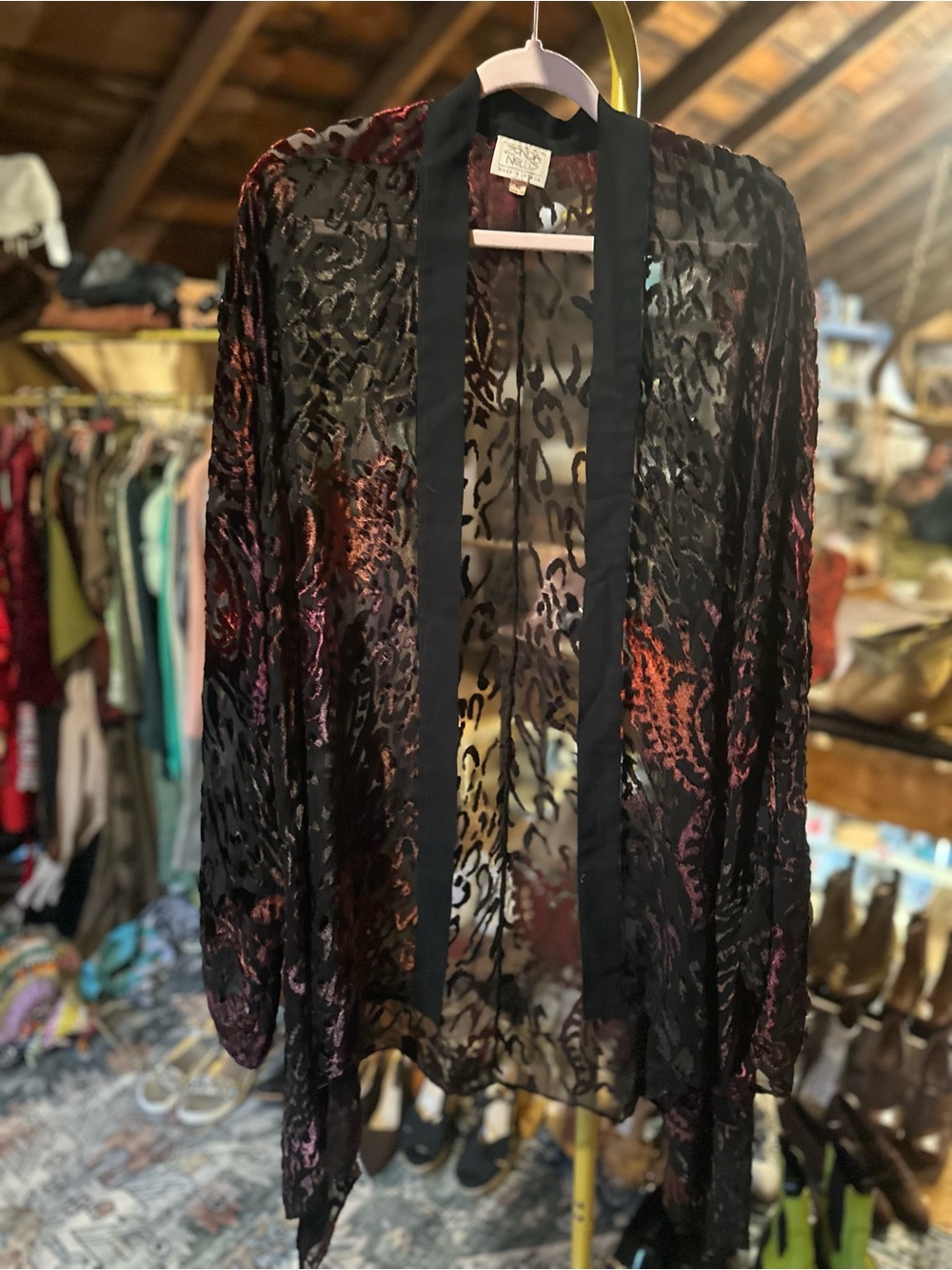 Sheer Burnout Velvet Kimono Camisole - Black with Red and Pink Accents